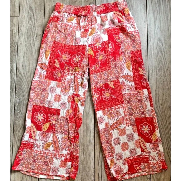 Kittenish Jessie James Decker Red White Print Cropped Wide Leg Pants~MEDIUM - Picture 1 of 4